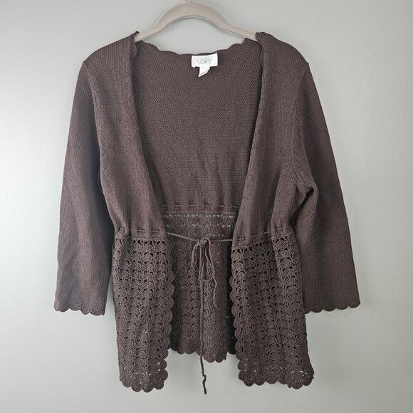 Y2K Ann Taylor Loft Brown Crochet Knit Cardigan Sweater Boho Cottagecore M - Picture 1 of 7